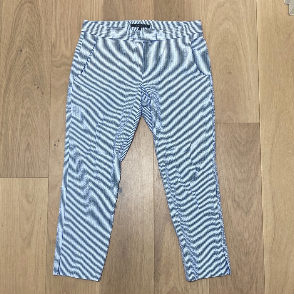 Theory Blue and White Striped Capris Pants